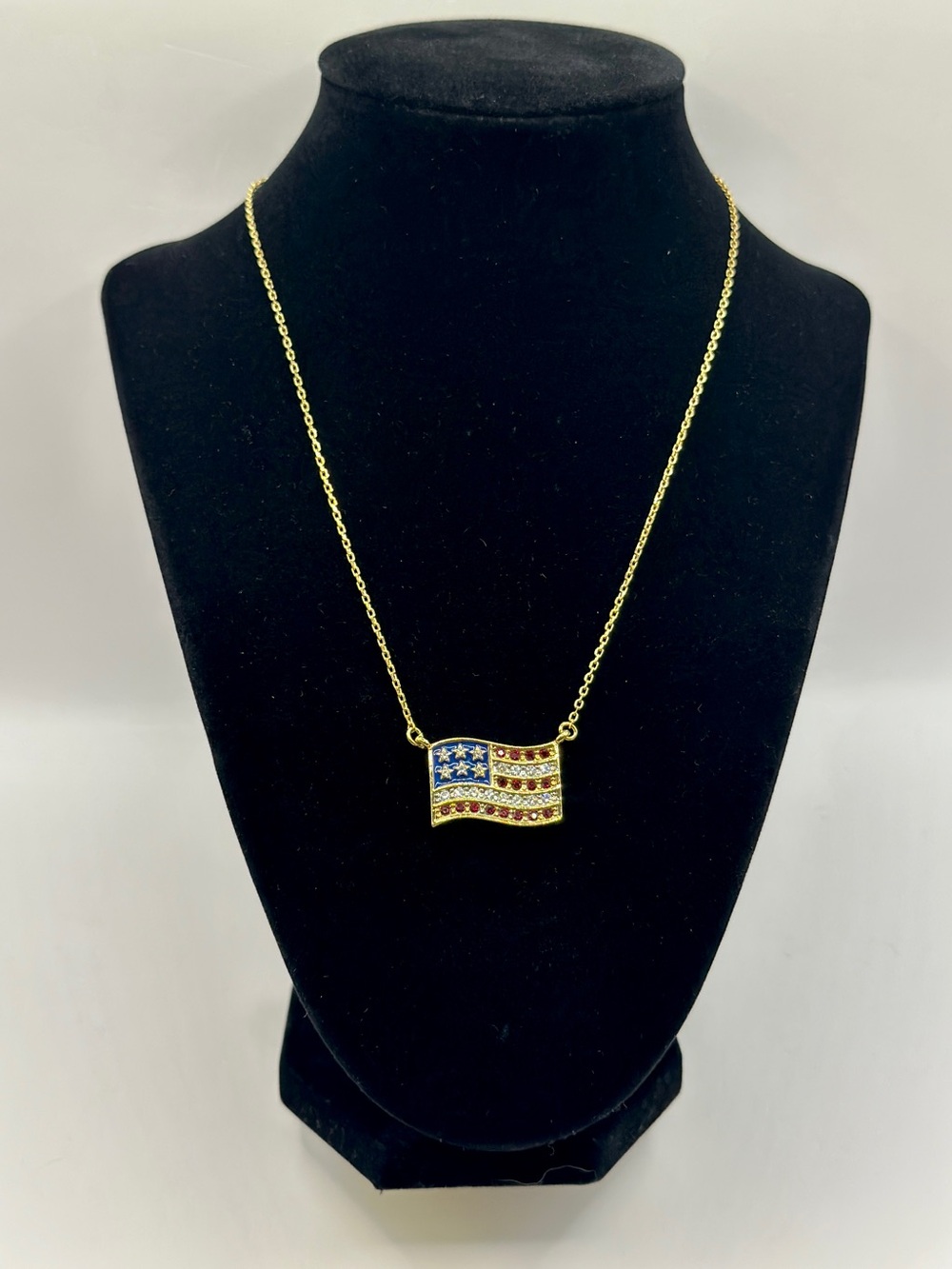 Avon Gold Finish American Flag Pendant Necklace Red, White & Blue Pave Crystals